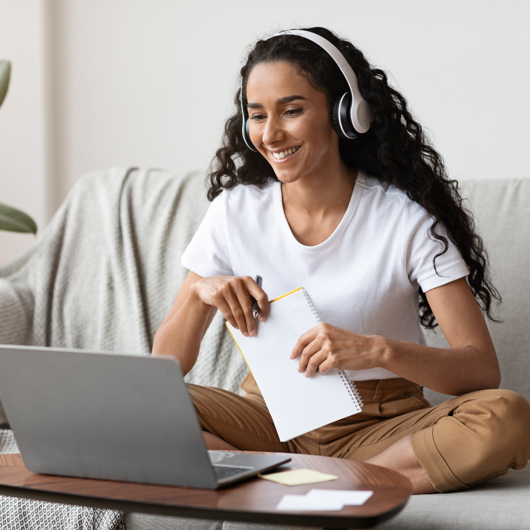 Woman participating in virtual education and support from home
