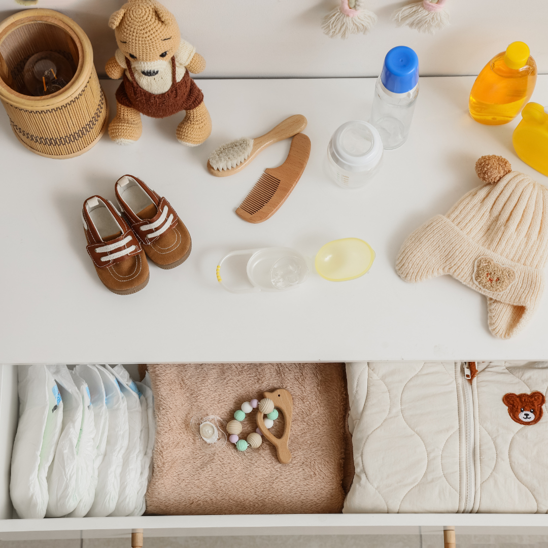 Organized newborn supplies prepared before postpartum recovery