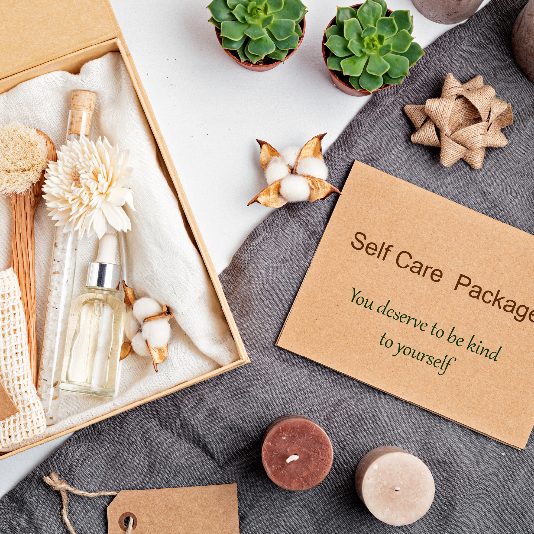 Self-care package arranged with a reminder to be kind to yourself