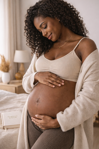 Pregnant woman in a cozy room holding her belly