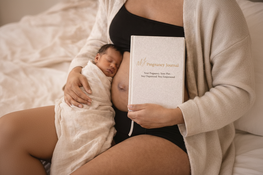 Image showing a pregnant woman holding a journal and cradeling her newborn baby.