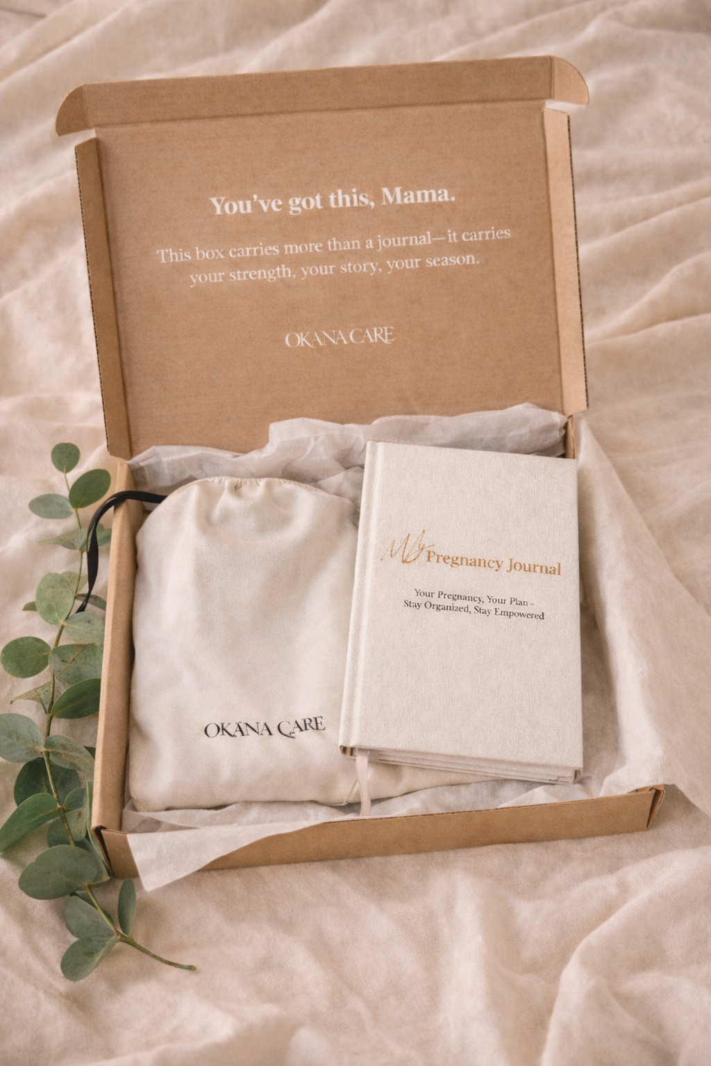 Pregnancy journal set with 'You've got this, Mama' message in a box on a soft fabric background.