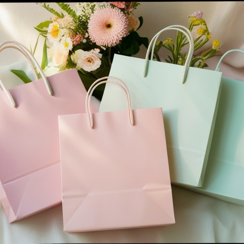 Pastel shopping bags and flowers representing the Okana Care shop