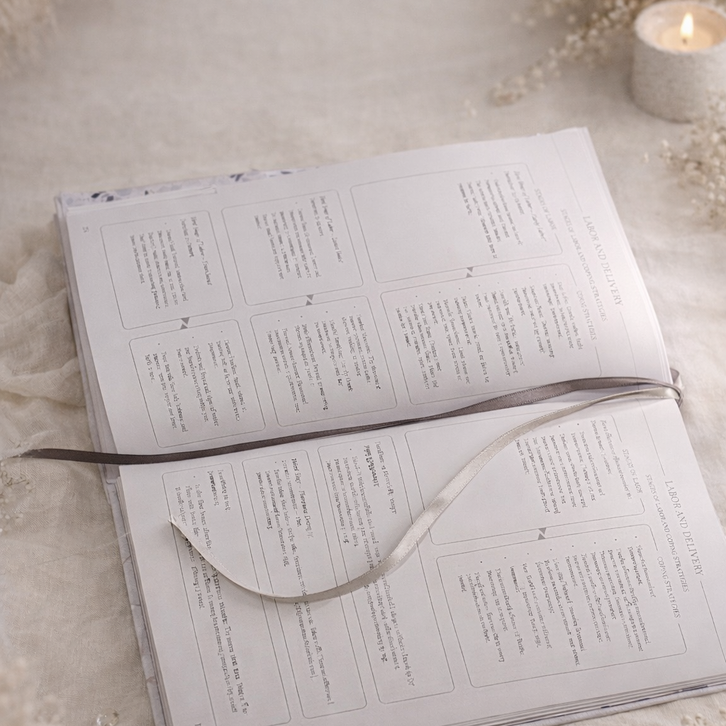 Open book with decorative elements on a textured surface