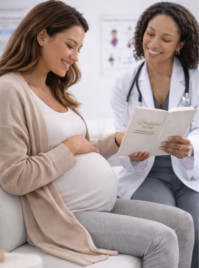 two women, one pregnant and doctor holding a pregnancy journal, in a medical setting.