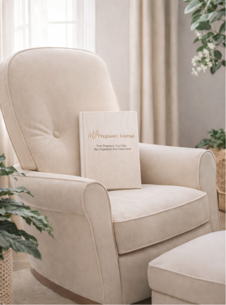 My Pregnancy Journal with beige linen cover and gold foil title, styled in a serene home nursery with soft neutral decor.